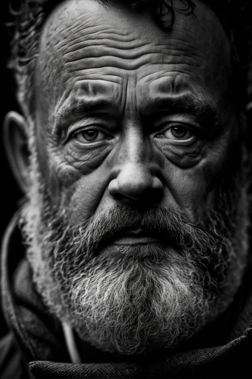 tom hanks, black and white portrait photography, 3 quarter lighting, depth of field, f2.8, 50mm lens, exquisite detail, intricately-detailed, award-winning photography, high-contrast, High-sharpness